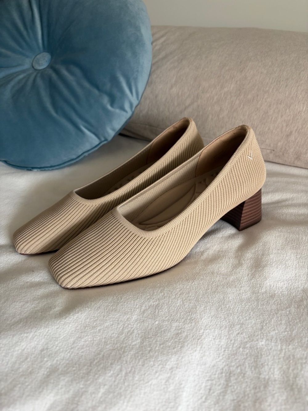 Viviana Beige Knit Square-Toe Block Heels
